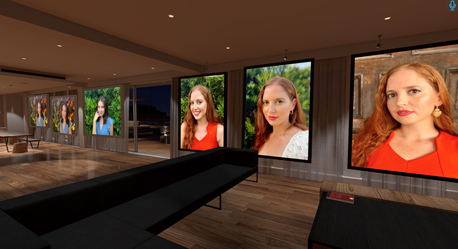  This is a scnee in a NY loft where we set up headshots of students in the class for analysis and discussion. It is very useful to be able to reference photos side by side and have all of them displayed in a single virtual space as comparison is being done of clothing choices, background choices, hairstyles, facial expressions, etc. VR has proven to be a great platform to do these exercises.